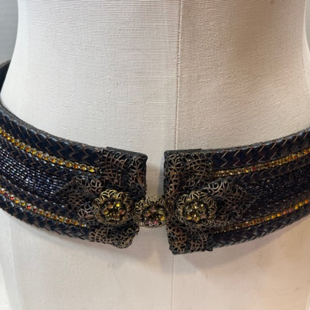 Barrera Beaded Rhinestones Wide Braided Leather BOHO Waist Belt Navy 30" - Picture 15 of 15
